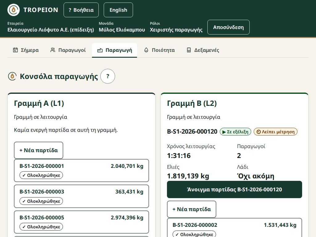 Η κονσόλα παραγωγής σε tablet οριζόντια: οι κάρτες των γραμμών δίπλα δίπλα με μεγάλα κουμπιά