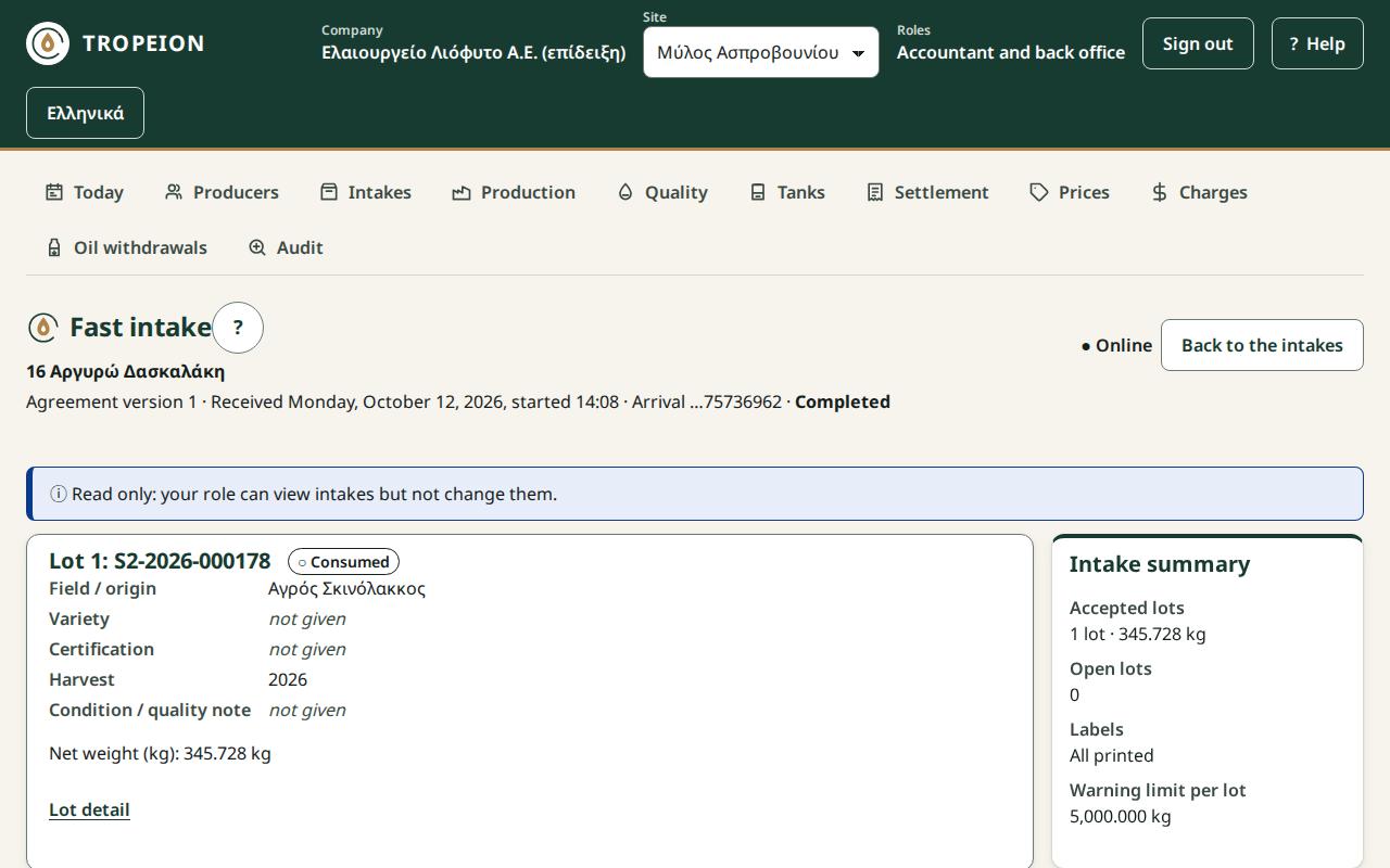 An intake opened read-only by the Accountant and back office
