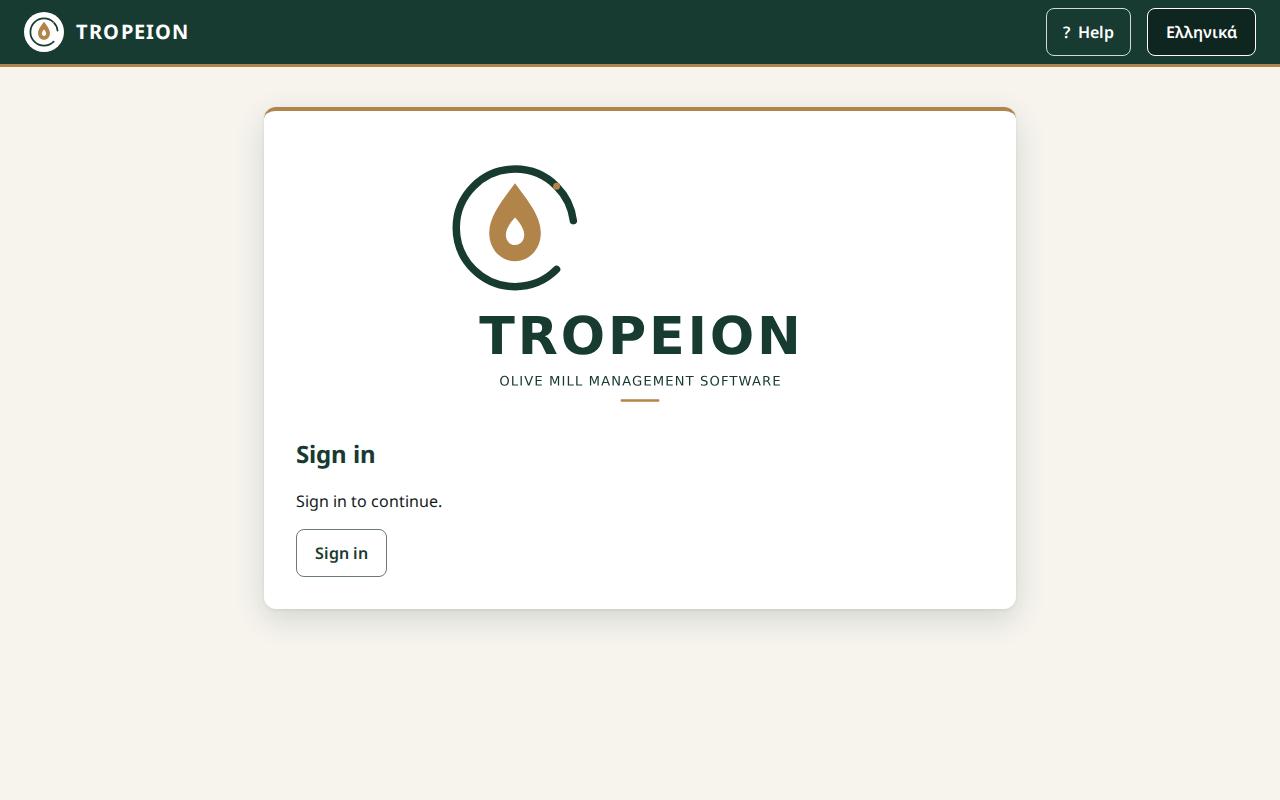 The TROPEION sign-in screen with the logo, the heading "Sign in" and the "Sign in" button
