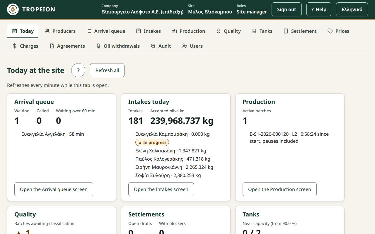 The "Work context" bar with the "Company" and "Site" fields, the "Roles" list and the "Sign out" button