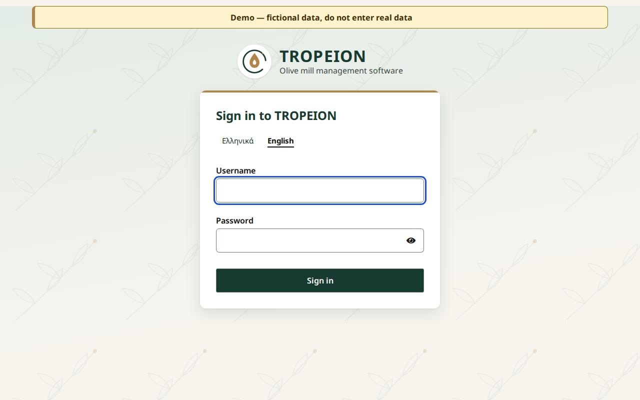 The TROPEION sign-in page with the language links, the Username and Password fields and the Sign in button