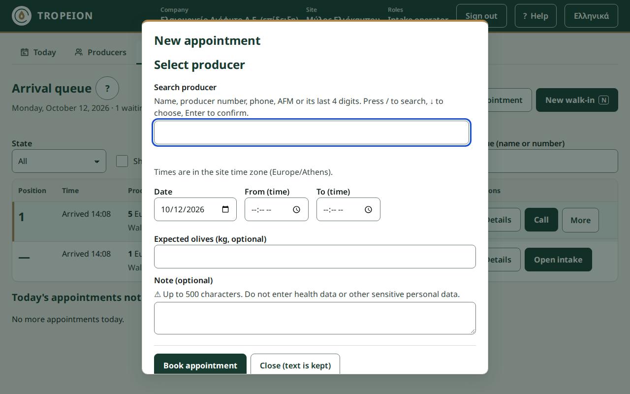 The "New appointment" window with a selected producer, date, "From" and "To" times, expected kg and a note