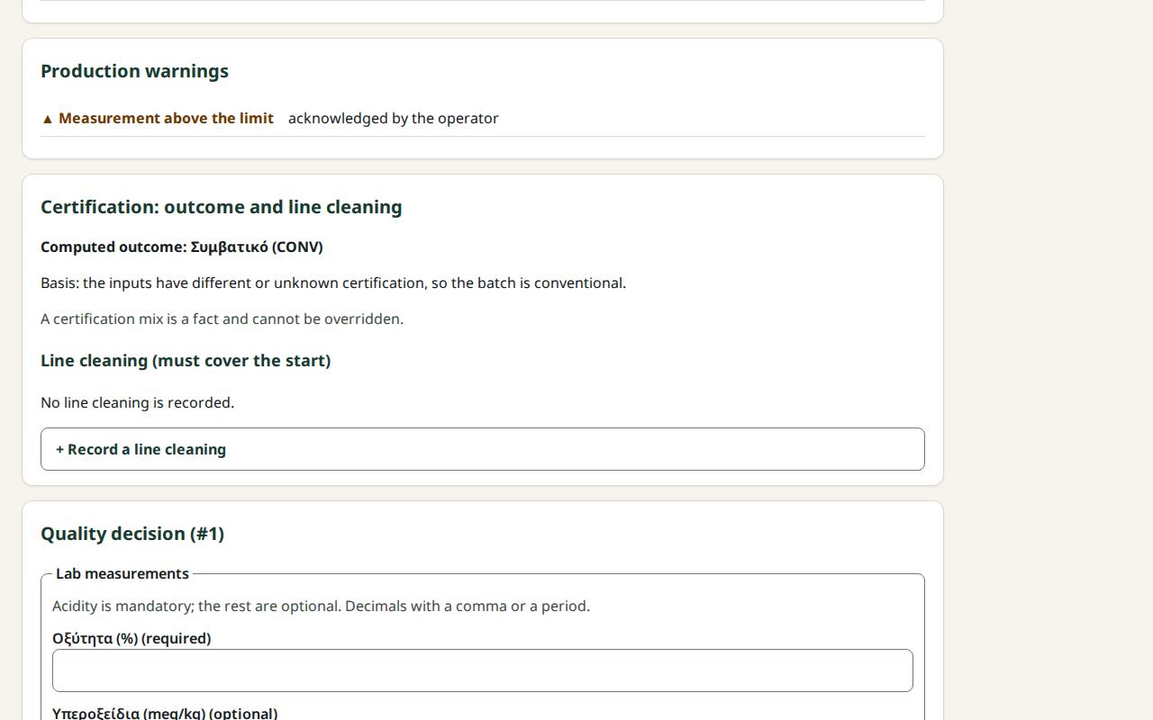 The line cleaning form with completion, expiry and evidence
