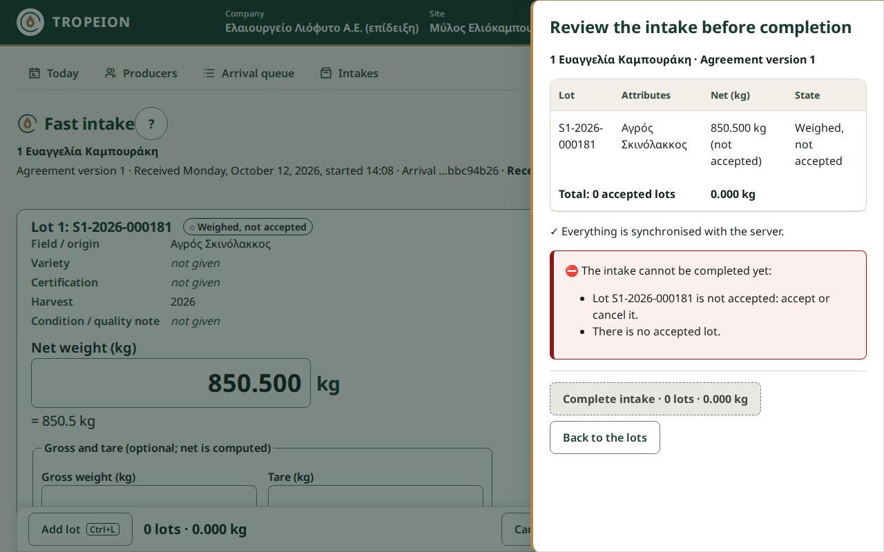 The "Review the intake before completion" window with the lot table, the total, "Everything is synchronised with the server." and the "Complete intake" button