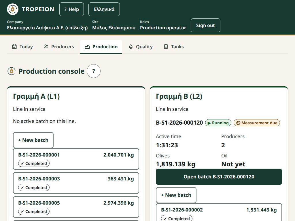 The production console on a tablet in landscape: the line cards side by side with large buttons