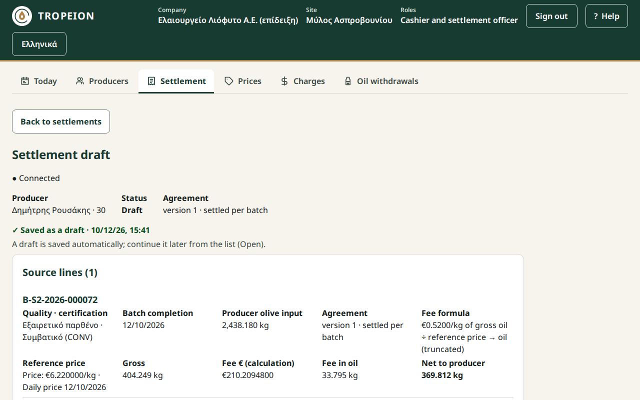 A settlement draft with the source lines, the totals, the blockers and the final review