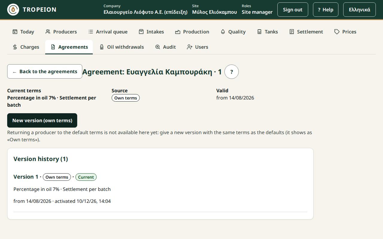 The version history of a producer's agreement